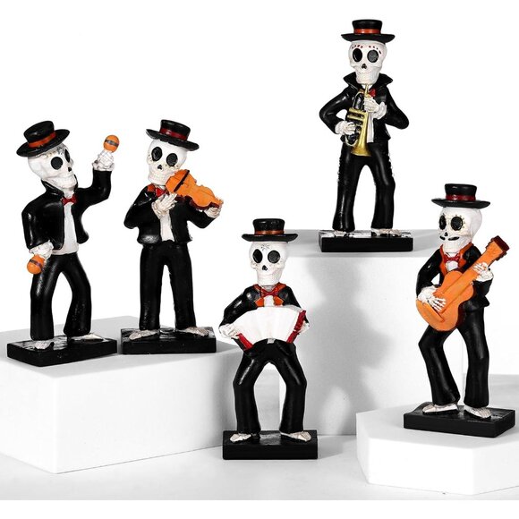 5 Pcs Mariachi Band Skull Folk Musician Players Skeletons Halloween Figurines - Picture 1 of 7